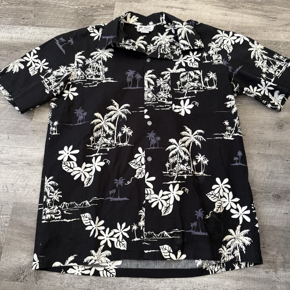Vintage 70s Malihini Hawaiian Shirt Men Large Bold Black Ivory Floral Aloha Palm